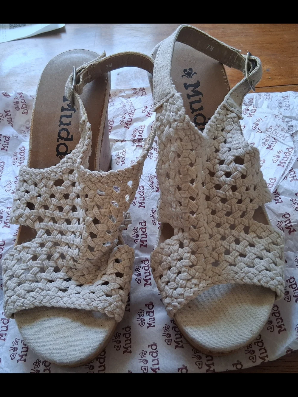 Mudd Beige Woven Slingback Cork Wedge Sandals